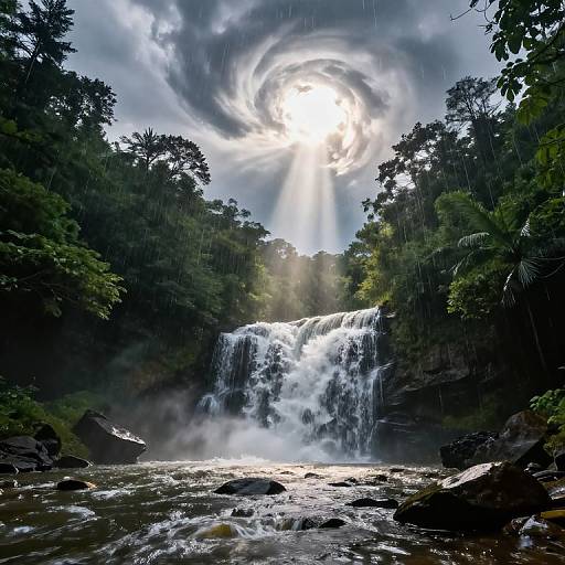 Photograph of a lush, rain-soaked waterfall surrounded by dense green trees, with sunlight piercing through dramatic, swirling clouds above.
