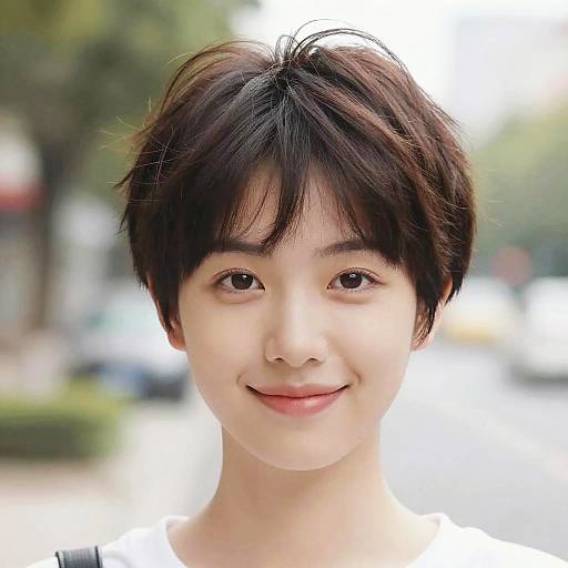 Close-up photograph of a smiling Asian man with short, dark brown hair, fair skin, and brown eyes, wearing a white shirt, against a blurred