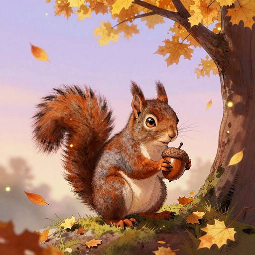 Digital illustration of a cute, fluffy gray squirrel with a bushy tail, eating an acorn under an autumn tree with yellow leaves.