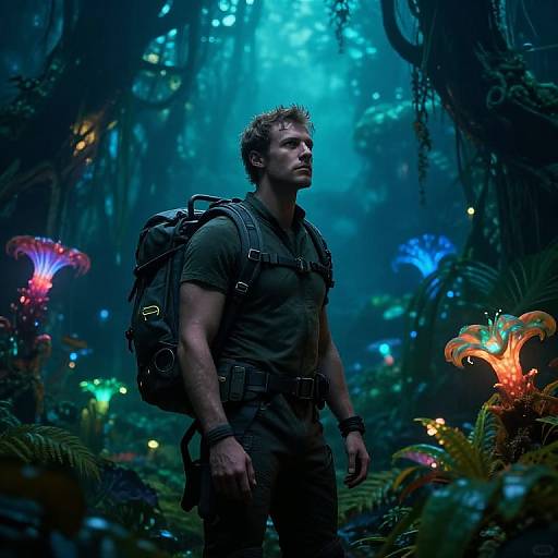 Digital artwork: Muscular man with short blonde hair, wearing dark green shirt and backpack, stands in vibrant, bioluminescent jungle, surrounded by