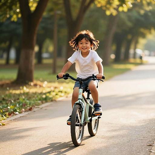 Photograph of a smiling Asian girl with pigtails riding a green bicycle on a sunlit park path, wearing a white t-shirt and denim shorts