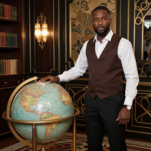 Photograph of a Black man with a beard, wearing a white shirt and brown vest, standing beside a globe in an ornate, book-filled room