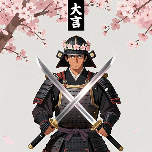 Samurai in Armor Among Cherry Blossoms