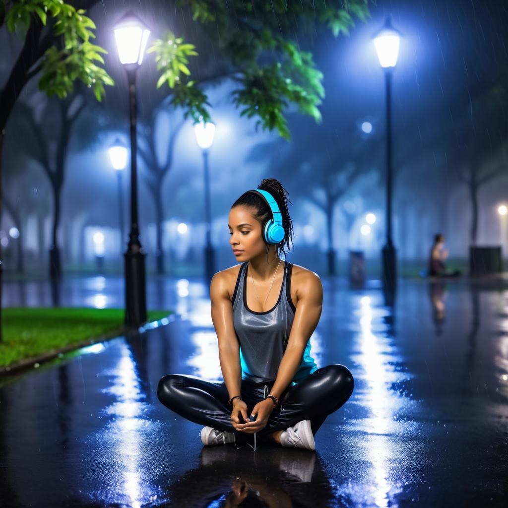 Rainy Night: Woman in Park with Headphones