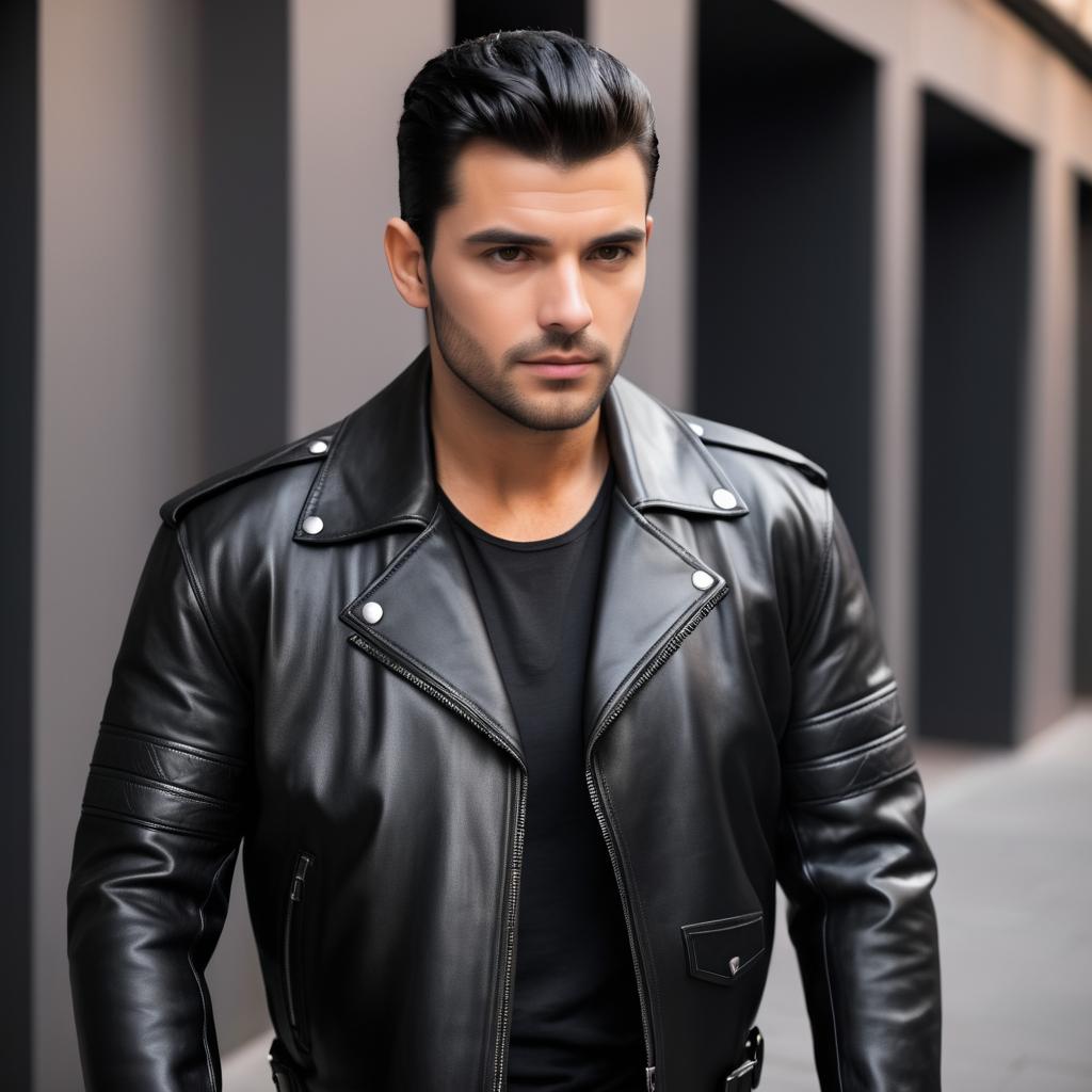 Athletic Biker Man in Leather Jacket