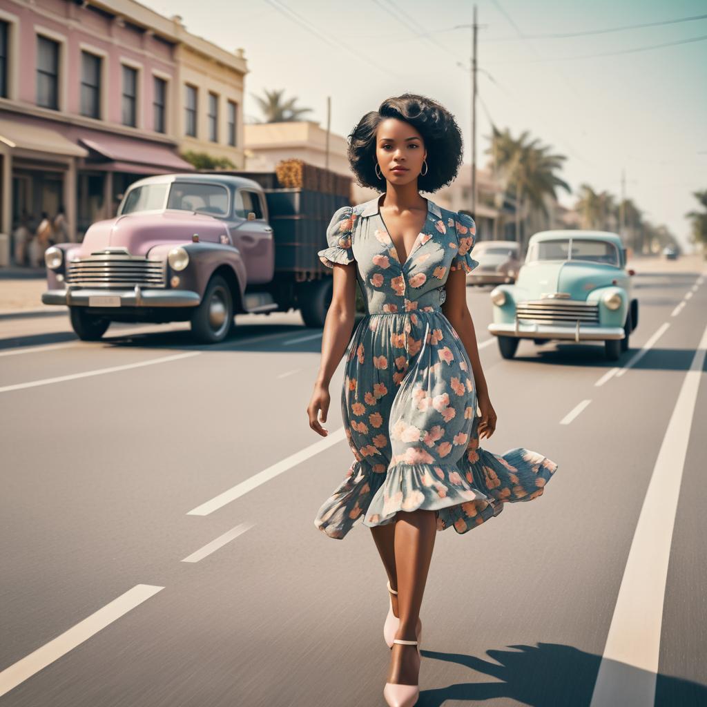 Vintage Cinematic Scene with Floral Dress