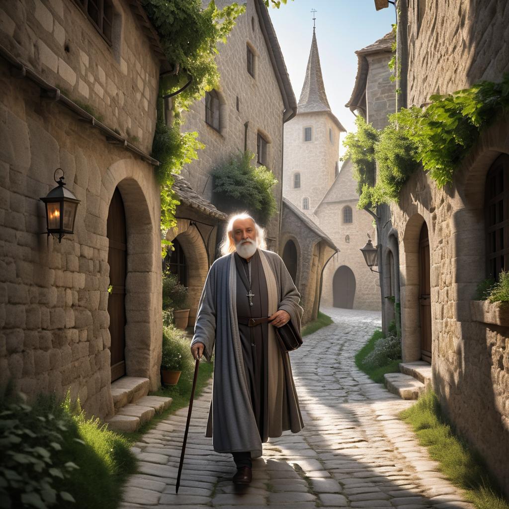 Elderly Wizard in Medieval Village Scene