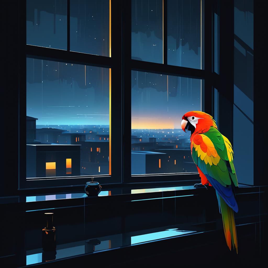 Moody Parrot on Rainy Windowsill