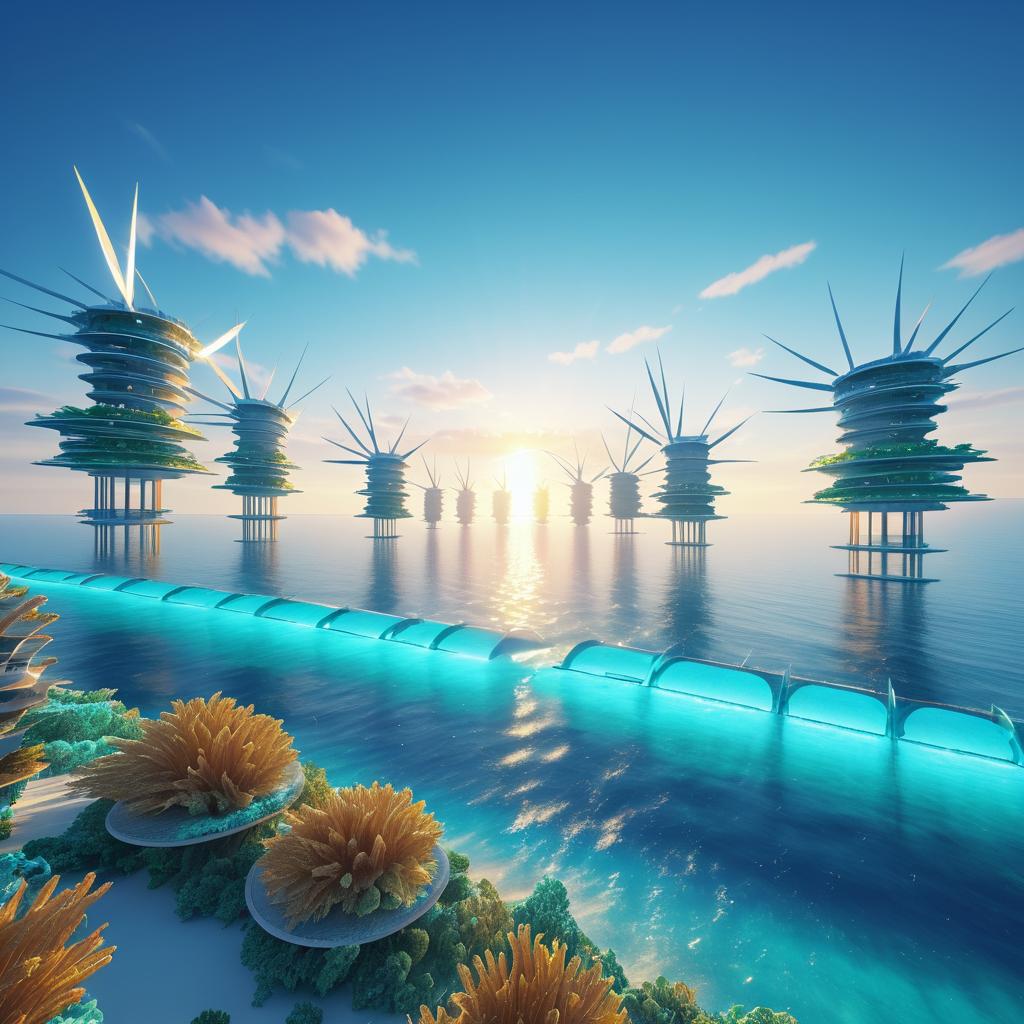 Futuristic Offshore Wind Farm at Sunset