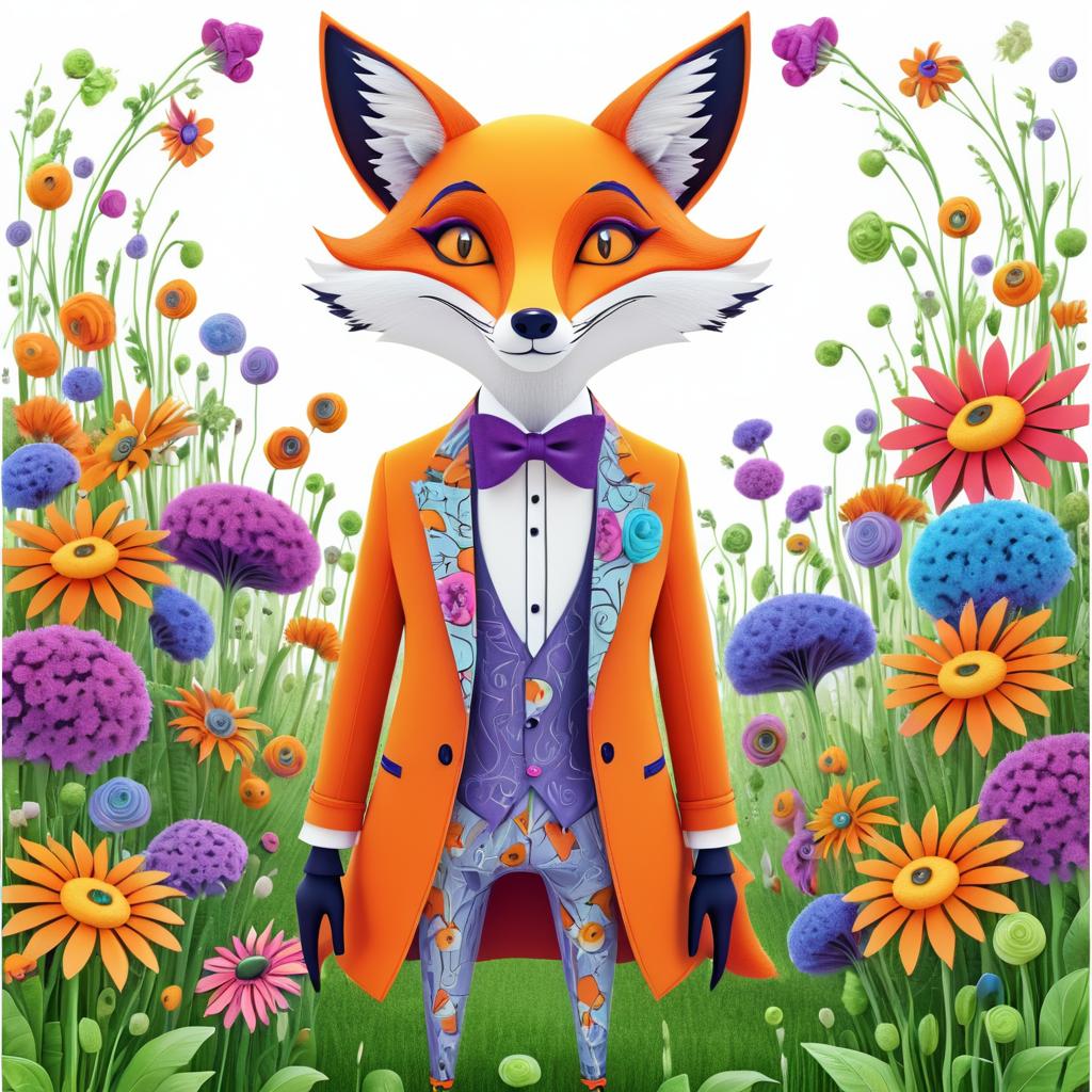 Eccentric Cartoon Fox in Floral Wonderland