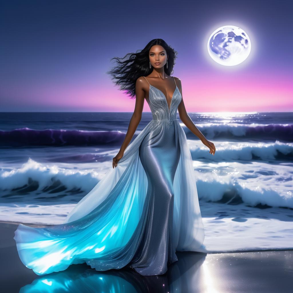 Enchanting Tall Woman in Moonlit Ocean