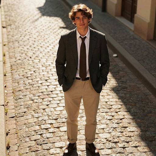 Photograph of a smiling young man with curly brown hair, wearing a black blazer, white shirt, brown tie, beige pants, and black shoes