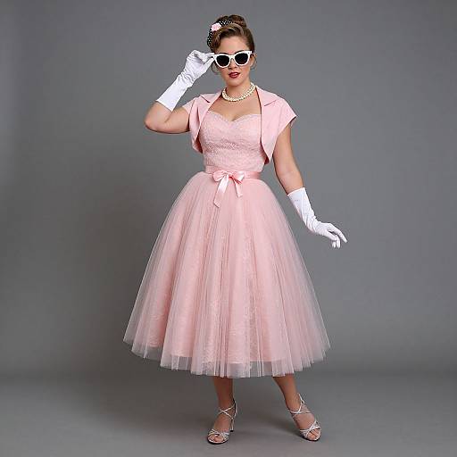 Photograph of a curvy woman in a pink, vintage-style, knee-length tulle dress, white gloves, pearl necklace, and white cat-eye