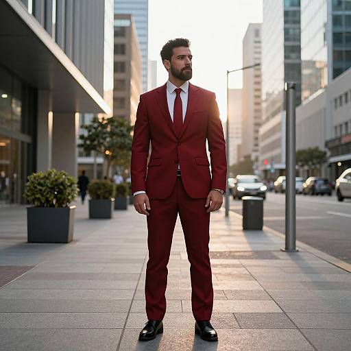 Confident Man in Red Suit on City Sidewalk