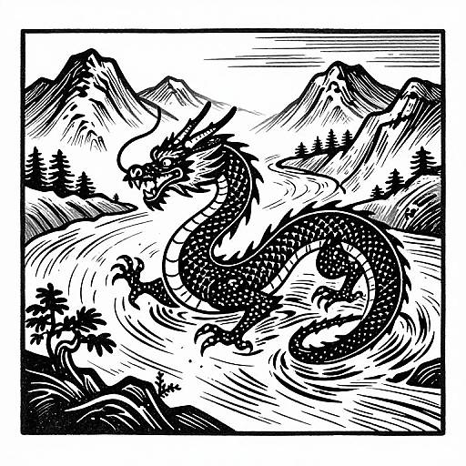 Black and white woodcut illustration of a serpentine dragon with scales, flying amidst mountains, trees, and swirling wind patterns.