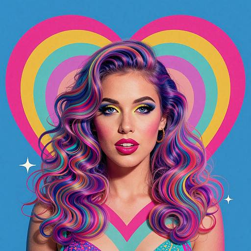 Digital portrait of a woman with vibrant, wavy purple and pink hair, bold yellow eyeshadow, pink lipstick, and a blue background featuring a