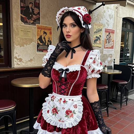 Photorealistic digital art: Dark-haired woman in red velvet maid dress with white lace, black gloves, and headband, standing in vintage café with