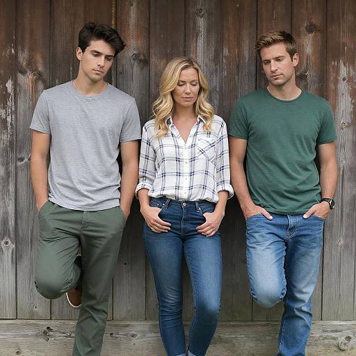 Three People Against Weathered Wood Wall