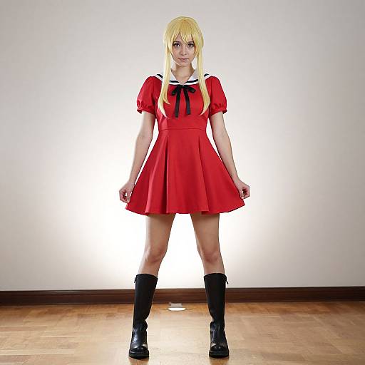 Photograph of a blonde woman wearing a red sailor dress, black necktie, black knee-high socks, and black platform shoes, standing against a white