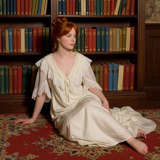 Elegant Woman in Vintage Library Setting
