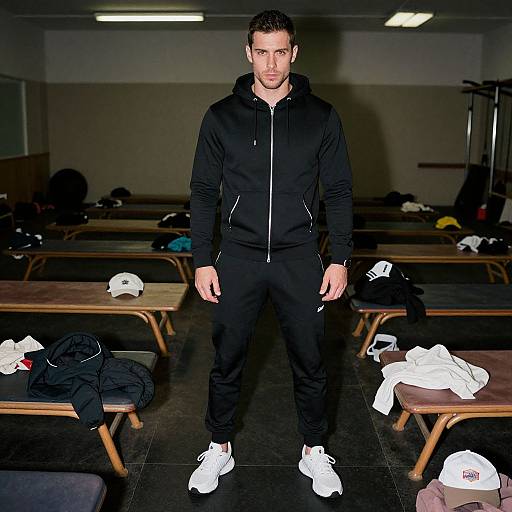 Photograph of a tall, handsome man with short dark hair, wearing a black hoodie, black pants, and white sneakers, standing in a dimly