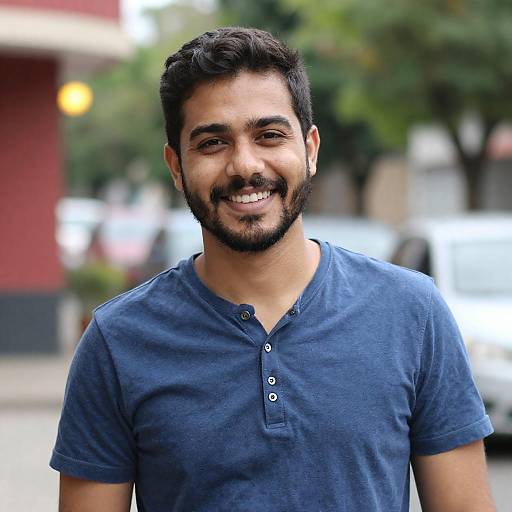 Smiling Man in Blue Henley Shirt