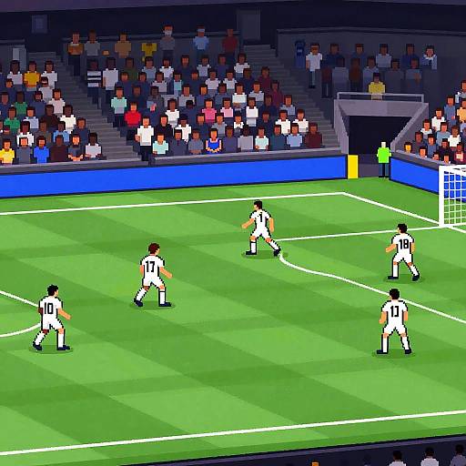 Pixel art of a soccer match in a stadium, showing five players in white uniforms on a green field, with a blue advertising board and a small crowd