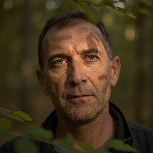 Photograph of a middle-aged man with short dark hair and green eyes, standing in a forest with sunlight filtering through leaves, casting shadows on his face