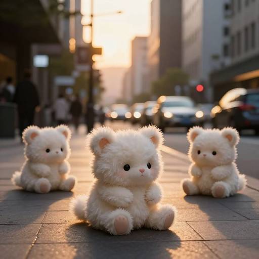 Photograph of three fluffy white teddy bears sitting on a city street at sunset, with blurred buildings and cars in the background.