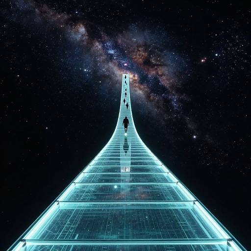 Digital artwork of a glowing, futuristic, glass-like bridge stretching into a star-filled, cosmic galaxy, with a solitary, small figure walking towards a distant