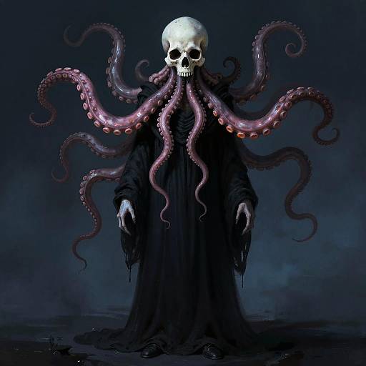 Digital artwork of a skeletal figure with glowing pink tentacles emerging from its back, wearing a black, dripping cloak, against a dark blue, misty