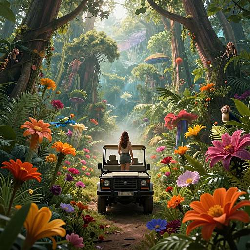 Digital art of a lush, vibrant jungle with colorful flowers, a woman with long hair in a tank top standing in an open jeep, sunlight filtering through