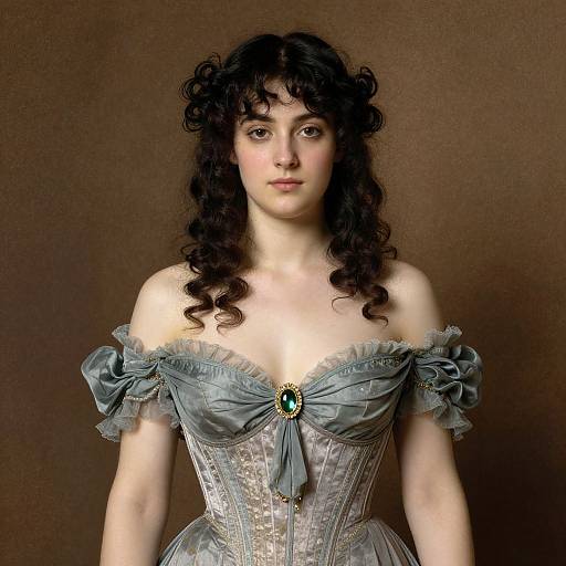 Photograph of a fair-skinned woman with curly black hair, wearing an off-shoulder, silver-grey Victorian corset gown with green gem bro