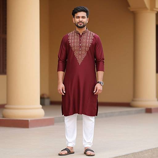 Photograph of a bearded man with short black hair, wearing a maroon kurta with intricate embroidery, white pajamas, and black sandals,