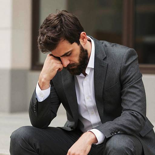 Photograph of a bearded man with dark hair, wearing a black suit and white shirt, sitting and resting his head on his hand, looking downward