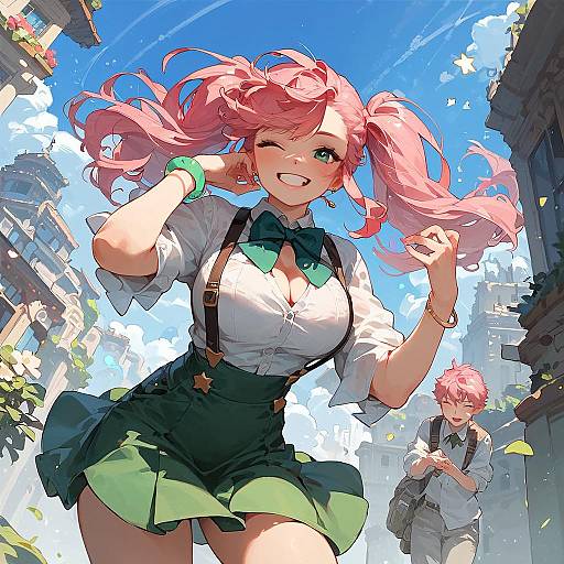 Digital anime-style illustration of a pink-haired girl with pigtails, winking, wearing a white blouse, green skirt, and suspenders, standing