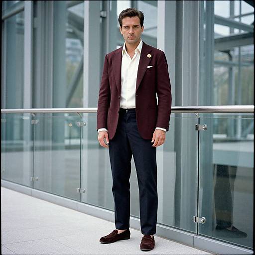 Photograph of a handsome man with short dark hair, wearing a maroon blazer, white shirt, black pants, and brown shoes, standing in