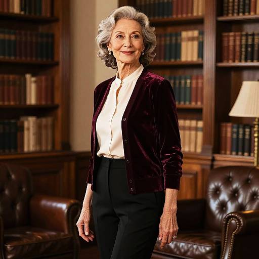 Photograph of an elderly woman with gray hair, wearing a white blouse, black pants, and a purple velvet cardigan, standing in a wood-pane
