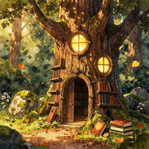 Digital art of a whimsical, glowing tree house with two circular windows, bookshelves, and an arched door, surrounded by lush forest and