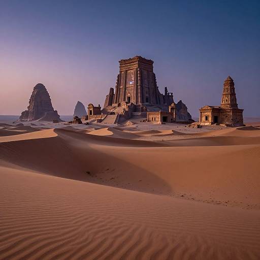 Photograph of a futuristic, ancient temple complex with towering stone structures in a vast, rippled desert at twilight, under a gradient blue-to-pink
