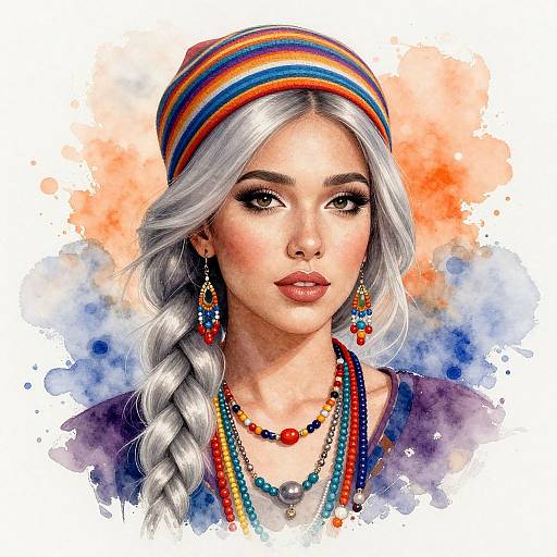 Digital watercolor portrait of a young woman with silver braided hair, colorful striped headband, red earrings, and multicolored bead necklaces,