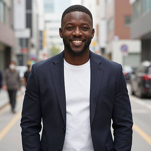 Photograph of a smiling, dark-skinned man with short hair, beard, wearing a black blazer over a white t-shirt, standing on a