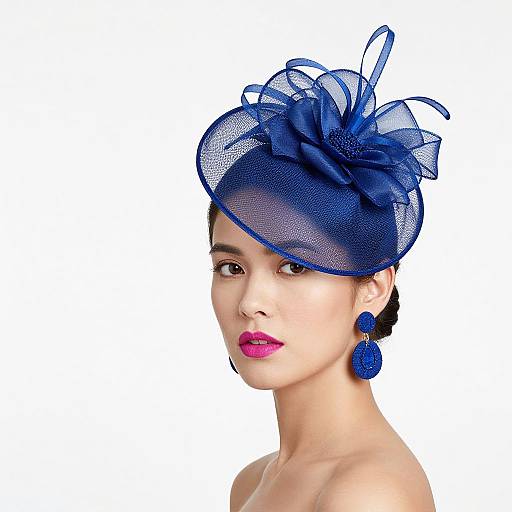 Photograph of an Asian woman with fair skin, dark hair, wearing a blue sheer fascinator hat, blue earrings, and pink lipstick, against a
