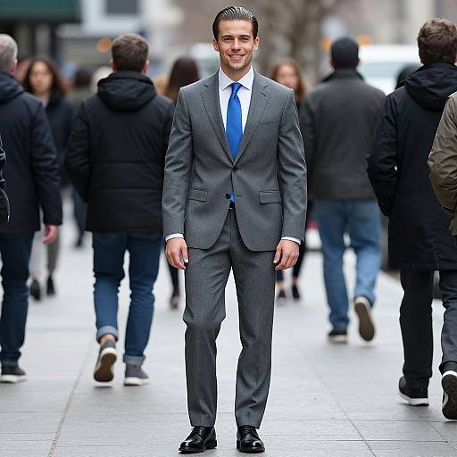 Photograph of a smiling, well-dressed man in a gray suit, blue tie, and white shirt standing in a busy urban sidewalk. Blurred
