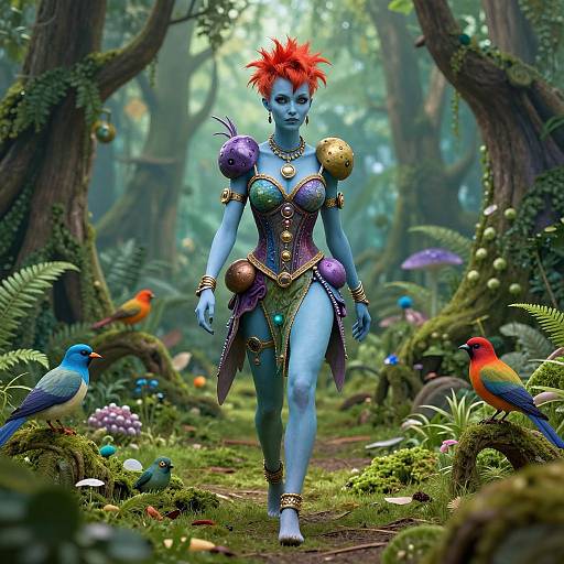 Digital fantasy artwork of a blue-skinned, red-spiked-haired elf woman with colorful armor, walking through a vibrant, forested mushroom-filled path with