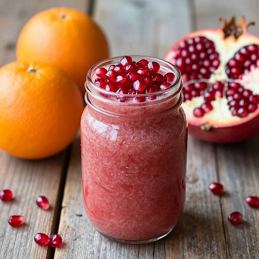Photograph of a glass jar filled with pink pomegranate smoothie, topped with whole pomegranate seeds, surrounded by oranges and a