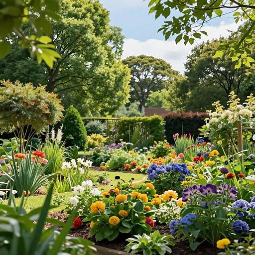 Vibrant photograph of a lush garden with colorful flowers, including yellow, red, blue, and purple blooms, surrounded by greenery and tall trees