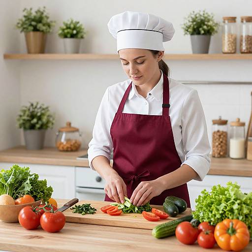 Photograph of a female chef slicing fresh vegetables on a wooden countertop in a bright kitchen, wearing a white hat and maroon apron, surrounded