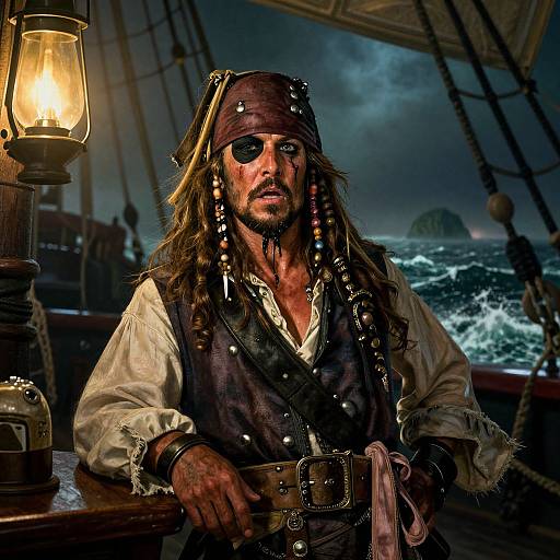 Photograph of a rugged pirate with long hair, eye patch, and tattered clothes, leaning on ship railing, ocean and stormy sky in background