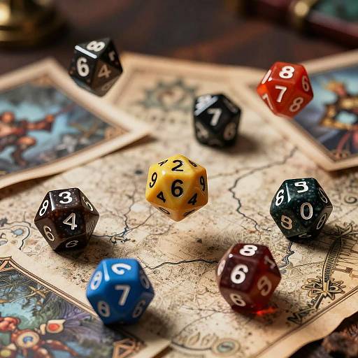 Colorful Polyhedral Dice Mid-Air on Fantasy Game Map